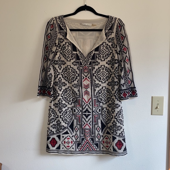 Alice + Olivia XS Aztec Tribal Deco Style Embroidered Mini Shift Dress Red White - Picture 3 of 8